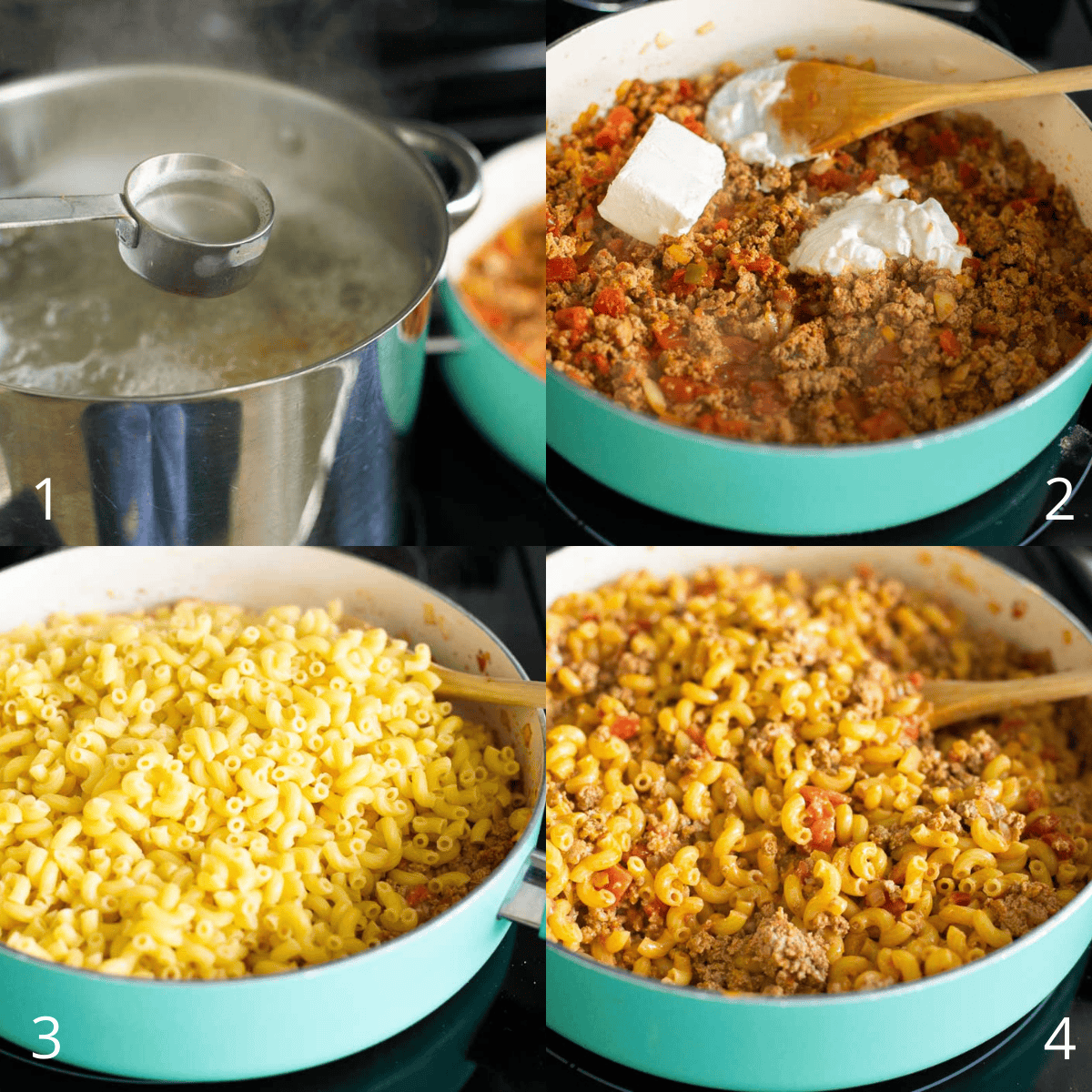 Step by Step photos show how to finish the taco sauce and toss the noodles for the finished taco pasta skillet recipe.