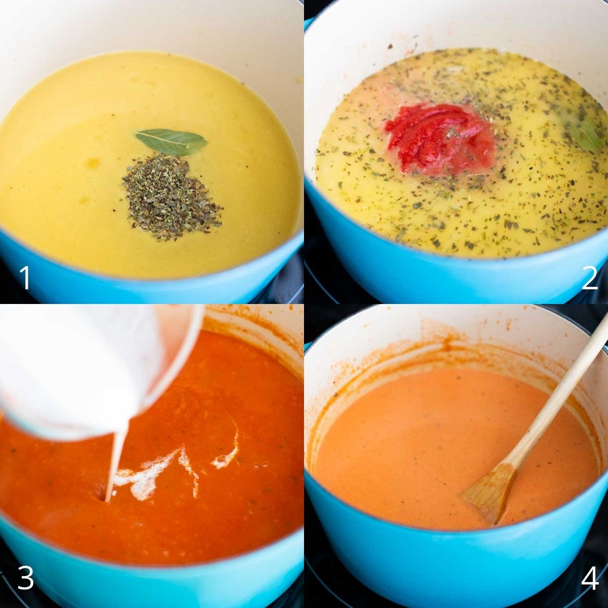 Step by step photos show how to add the chicken stock, basil and Italian herbs, and tomatoes to finish the soup.