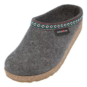 A grey wool clog slipper.