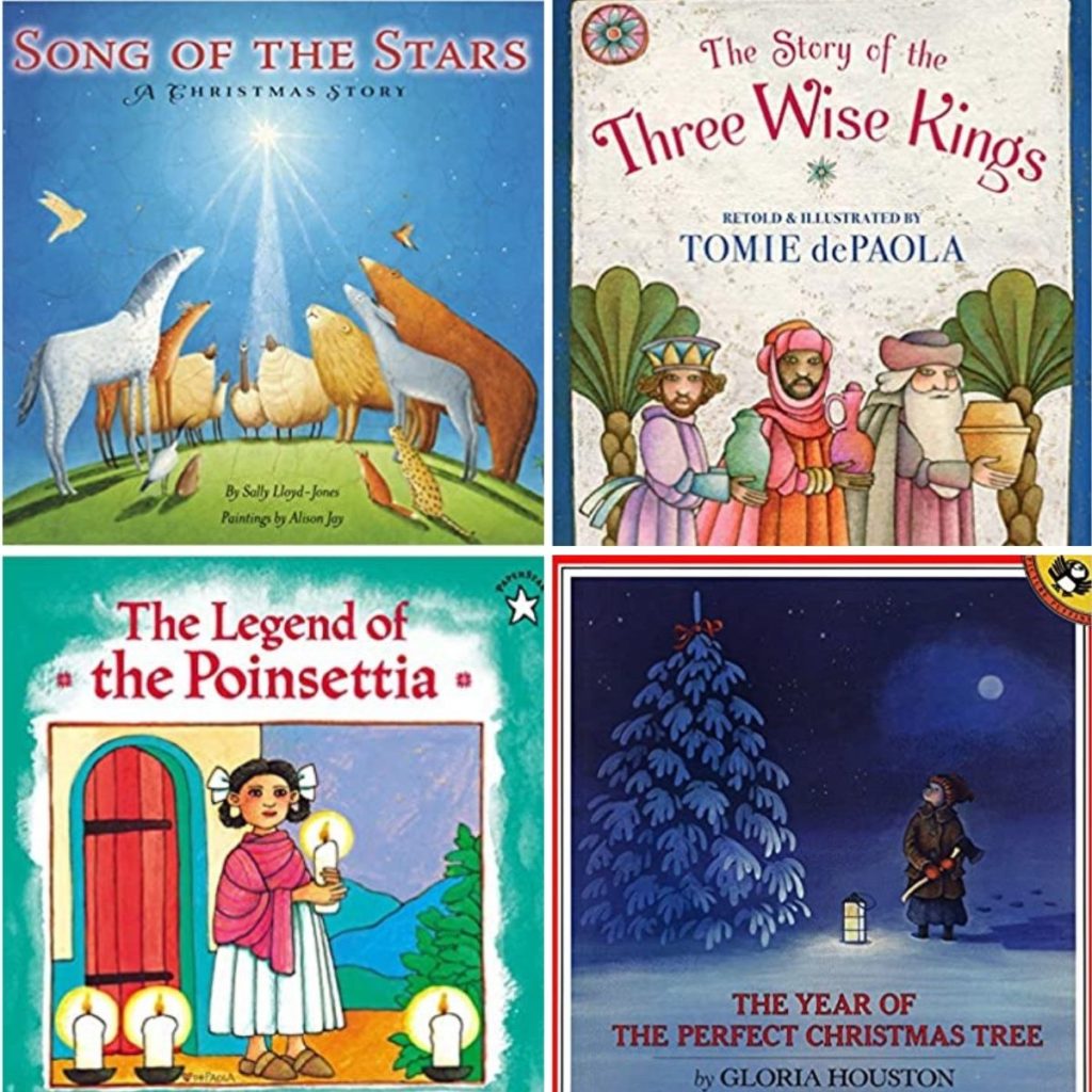 Collage of four book covers: Song of the Stars, Three Wise Kings, The Legend of the Poinsettia, and The Year of the Perfect Christmas Tree.