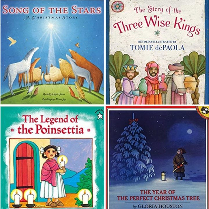 Collage of four book covers: Song of the Stars, Three Wise Kings, The Legend of the Poinsettia, and The Year of the Perfect Christmas Tree.