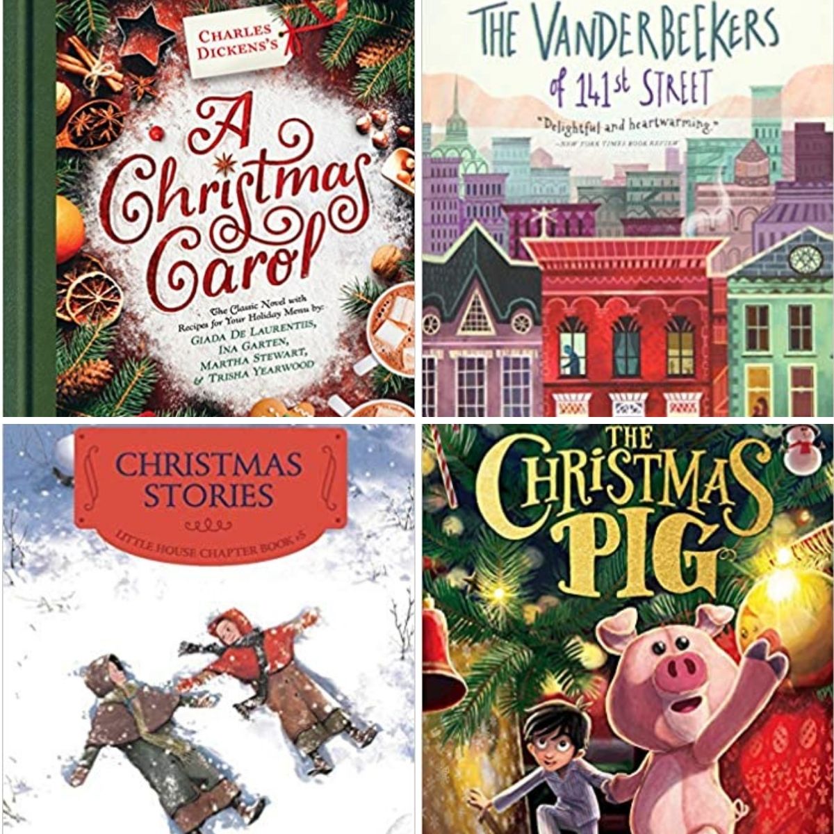 Collage of four book covers: Christmas Stories, The Christmas Pig, The Vanderbeeks of 141st Street, and A Christmas Carol.