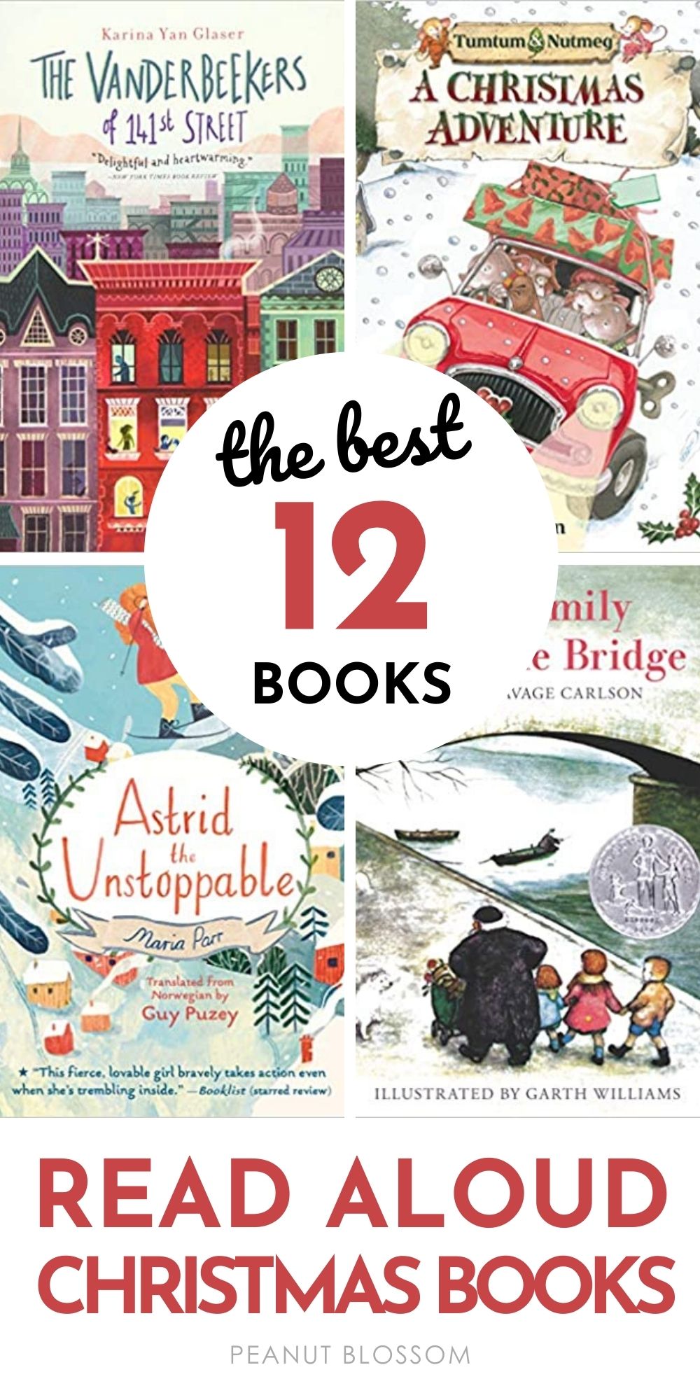 Collage of four book covers: The Vanderbeeks of 141st Street, TumTum and Nutmeg A Christmas Adventure, Astrid the Unstoppable, and The Family Under the Bridge with the text the best 12 books read aloud Christmas books.