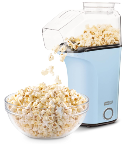 A blue popcorn popper with a big bowl of popcorn.