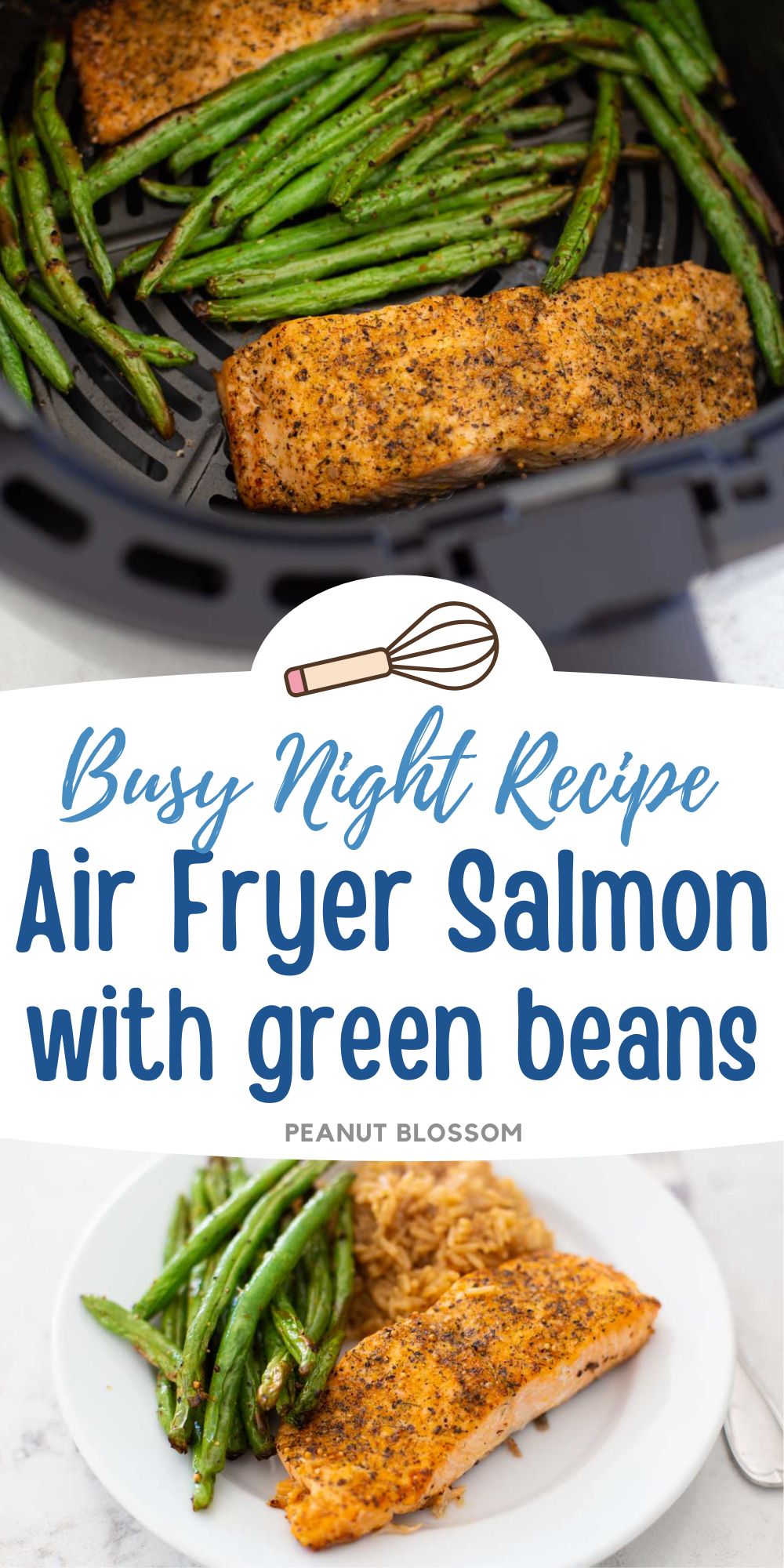 The salmon is shown cooking in an air fryer basket with green beans.