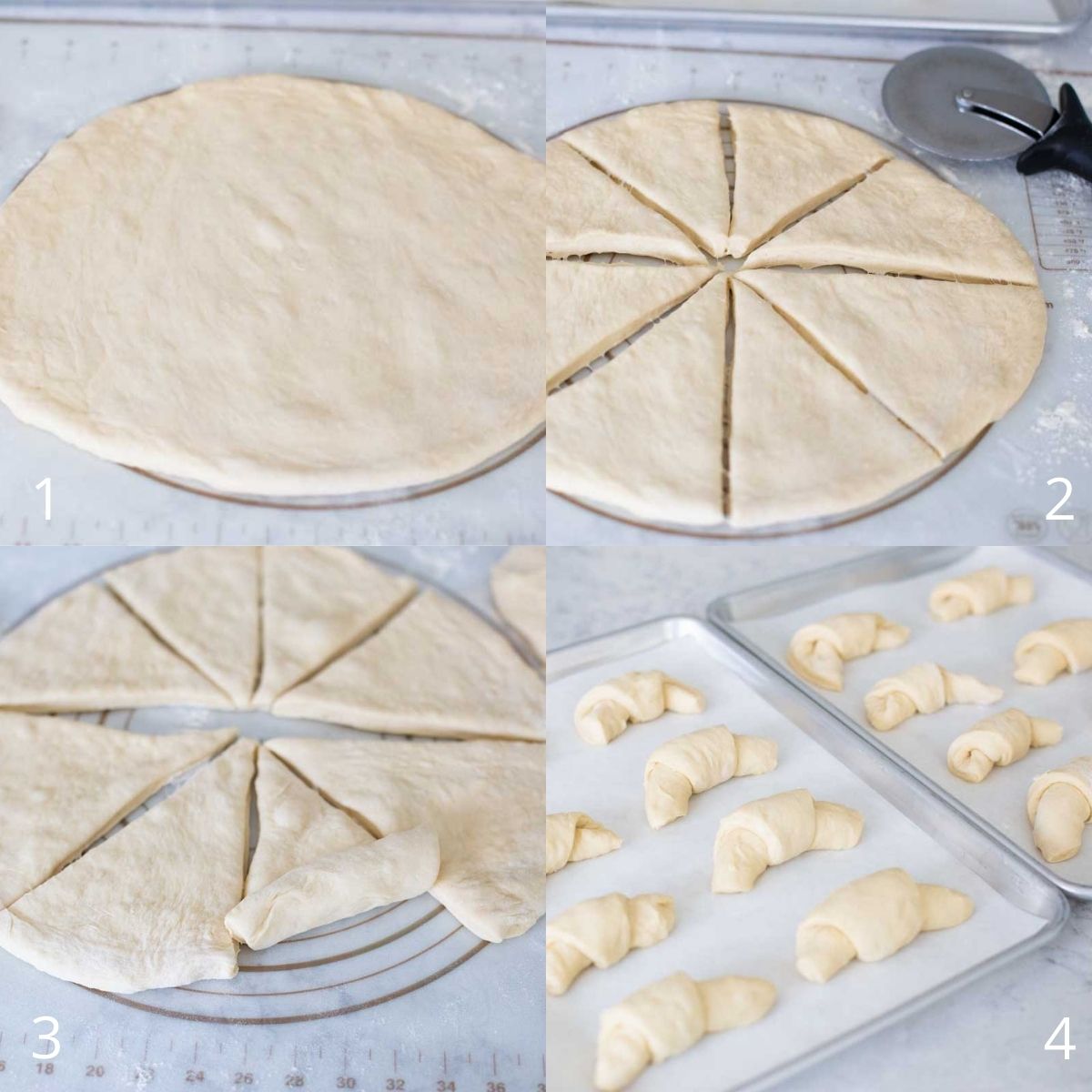 Step by step photos show how to divide the dough and roll a crescent dinner roll.