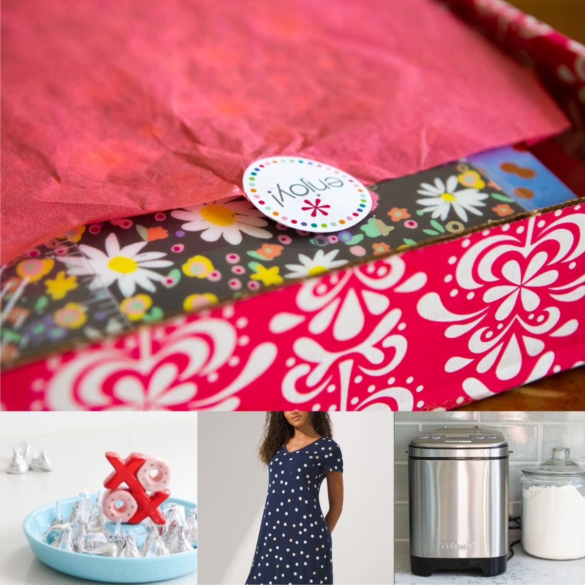 A photo collage shows some of the gift ideas for mom including a candy dish, a nightgown, and a bread machine.