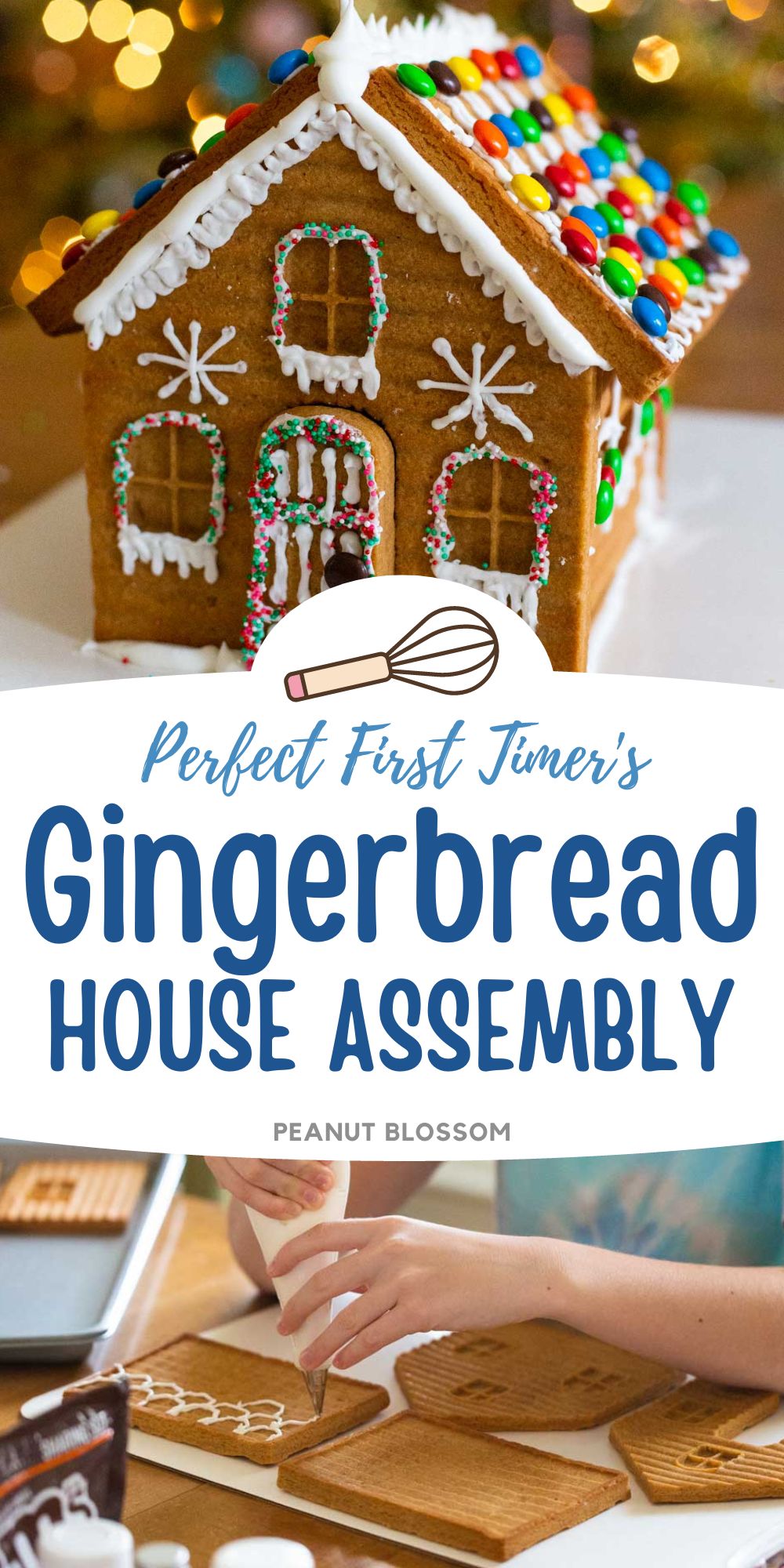 The photo collage shows an assembled Gingerbread House next to a photo of a girl decorating the pieces baked from a silicone mold.