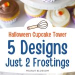 The photo collage shows the Halloween cupcakes on a party platter next to a photo of one of the cupcakes with a spider web design.
