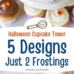 The photo collage shows the Halloween cupcakes on a party platter next to a photo of one of the cupcakes with a spider web design.