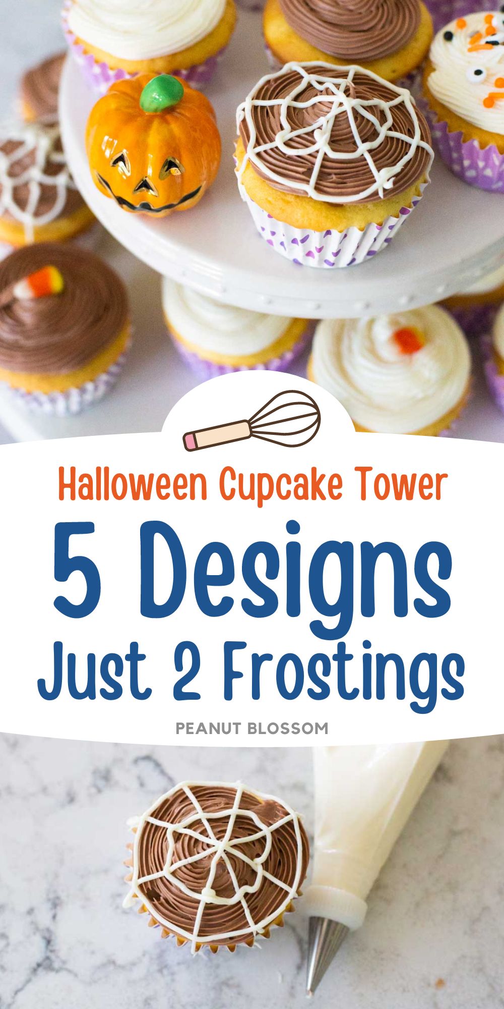 The photo collage shows the Halloween cupcakes on a party platter next to a photo of one of the cupcakes with a spider web design.