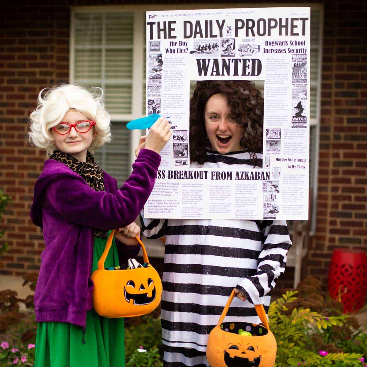 Two girls are dressed up in Harry Potter themed costumes for Trick or Treat