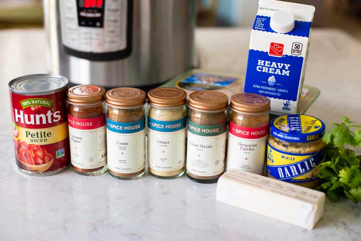 The spices to make butter chicken are lined up on the counter in front of an instant pot.