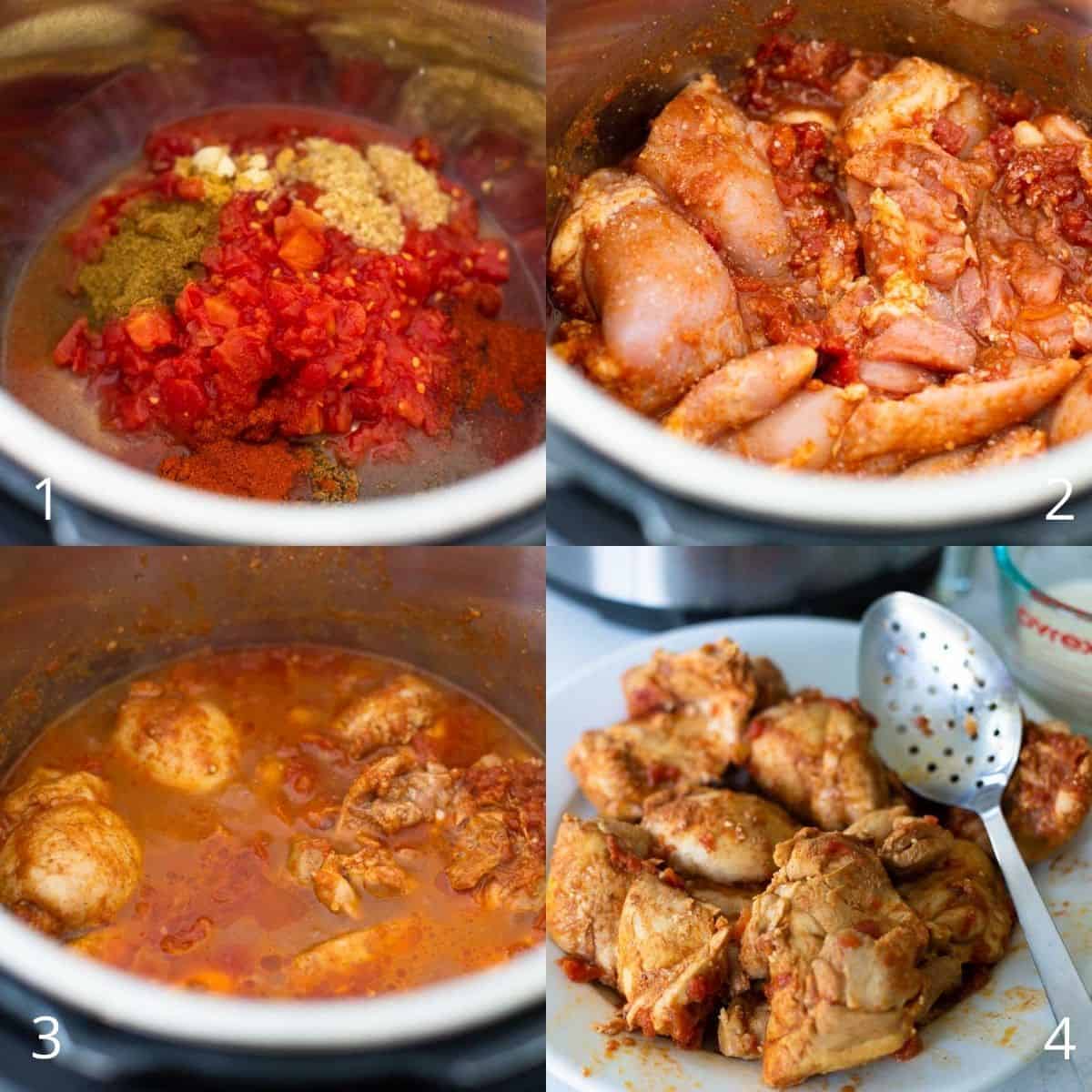 Step by step photo collage shows how to add the tomatoes and spices and chicken and cook them in the Instant Pot.