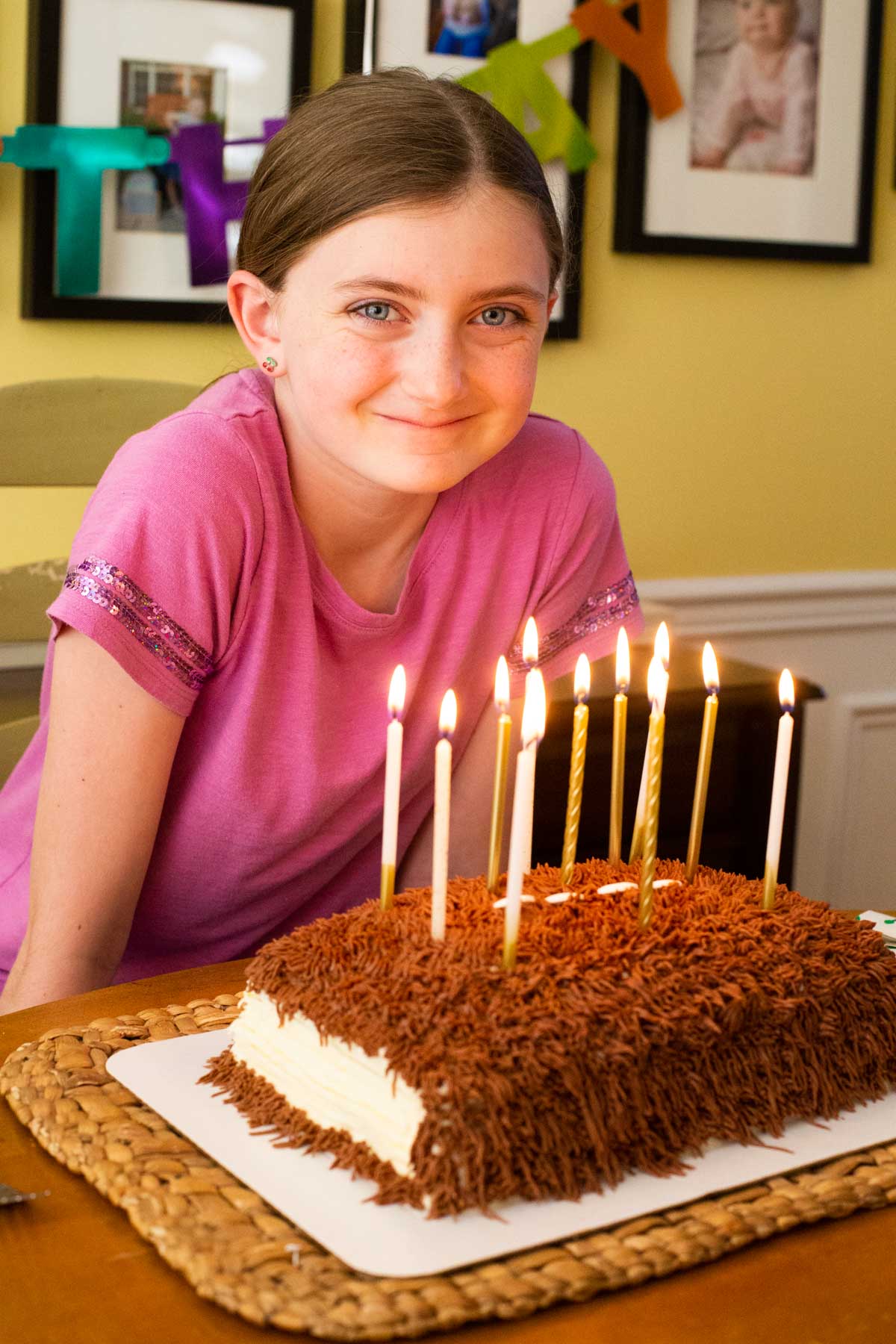 An 11 year old girl is about to blow out the candles on her Monster Book of Monsters cake.