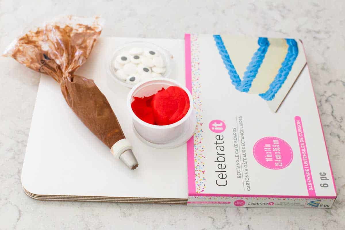 The cake board, frosting tip, fondant, google eyes are all on display.