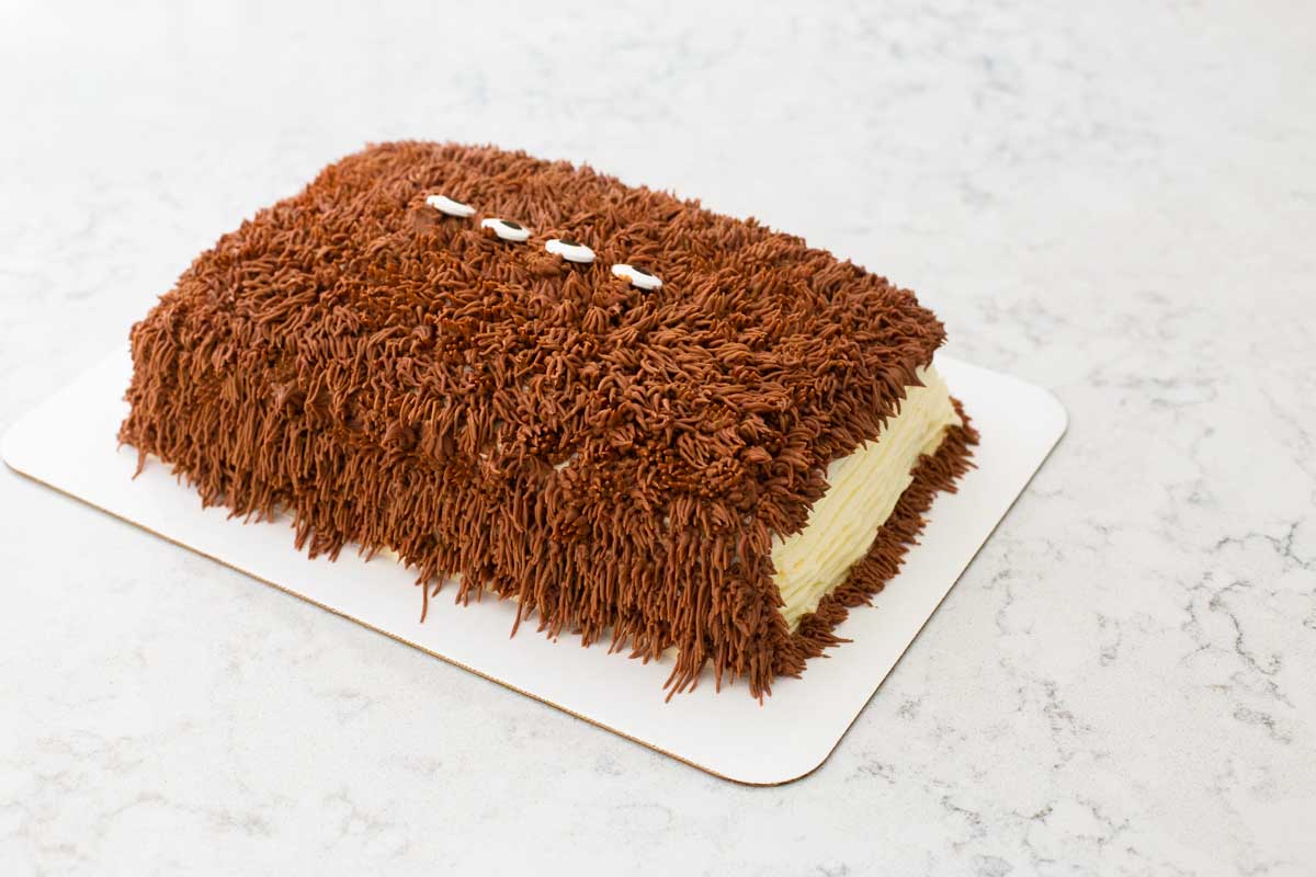 The back side of the cake is the "book spine" and is covered in brown frosting.
