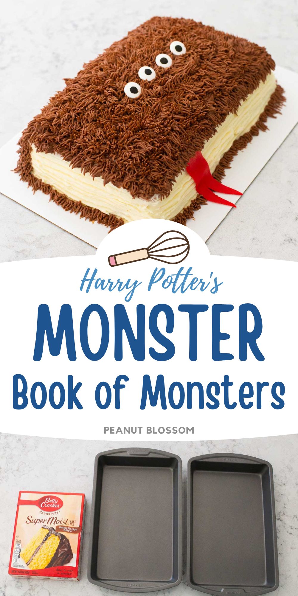 The photo collage shows the Harry Potter Monster cake next to a photo that shows the cake pans used to bake it.
