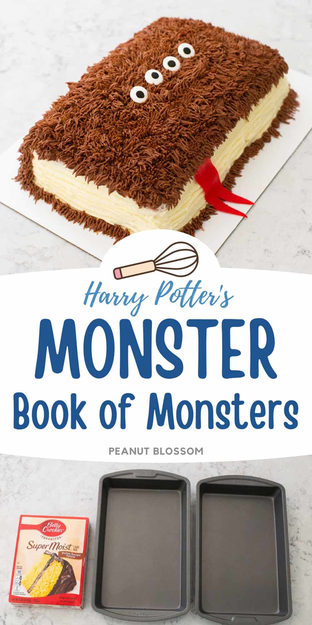 The photo collage shows the Harry Potter Monster cake next to a photo that shows the cake pans used to bake it.