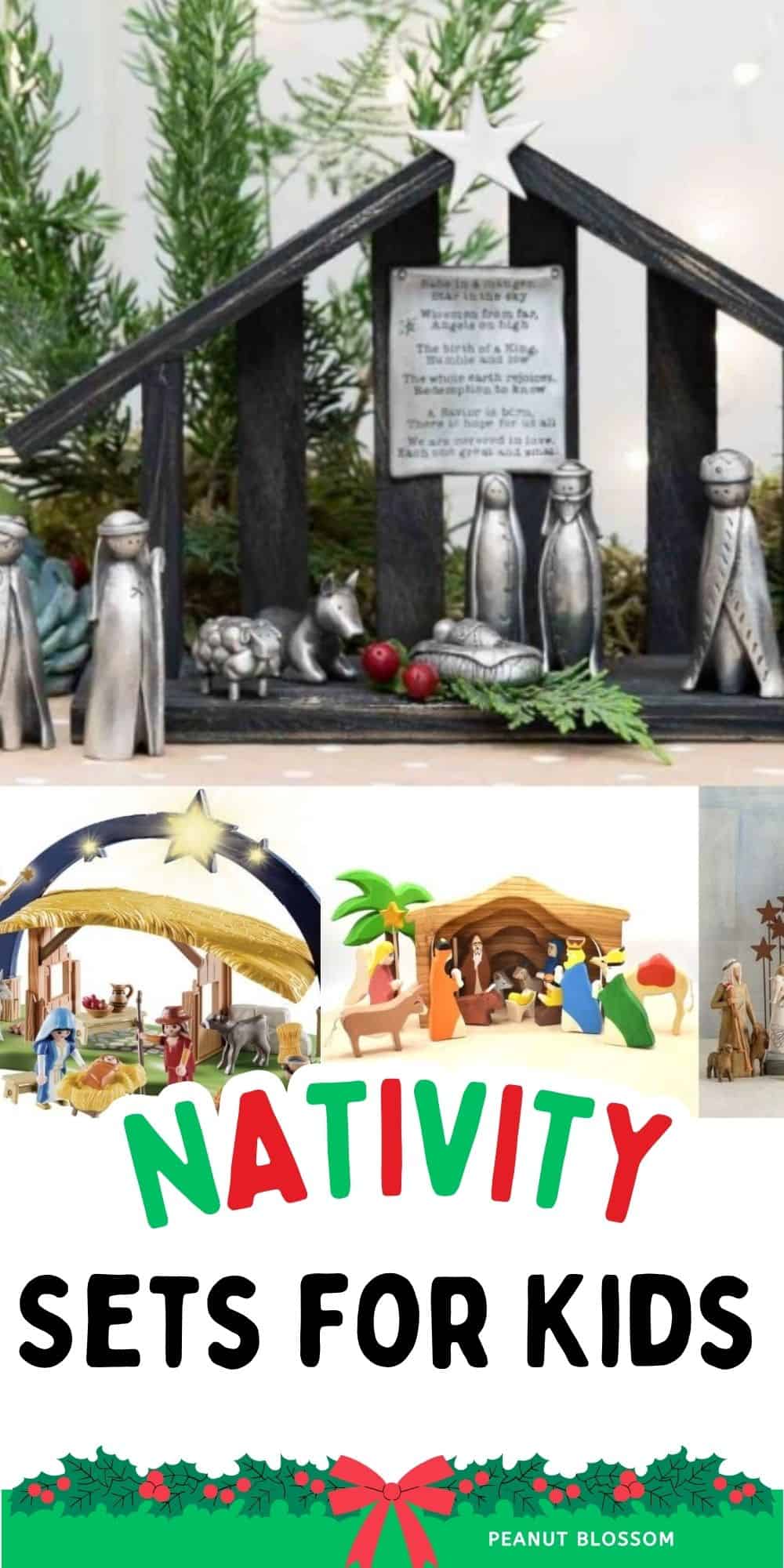 The photo collage shows several kid-friendly nativity sets.