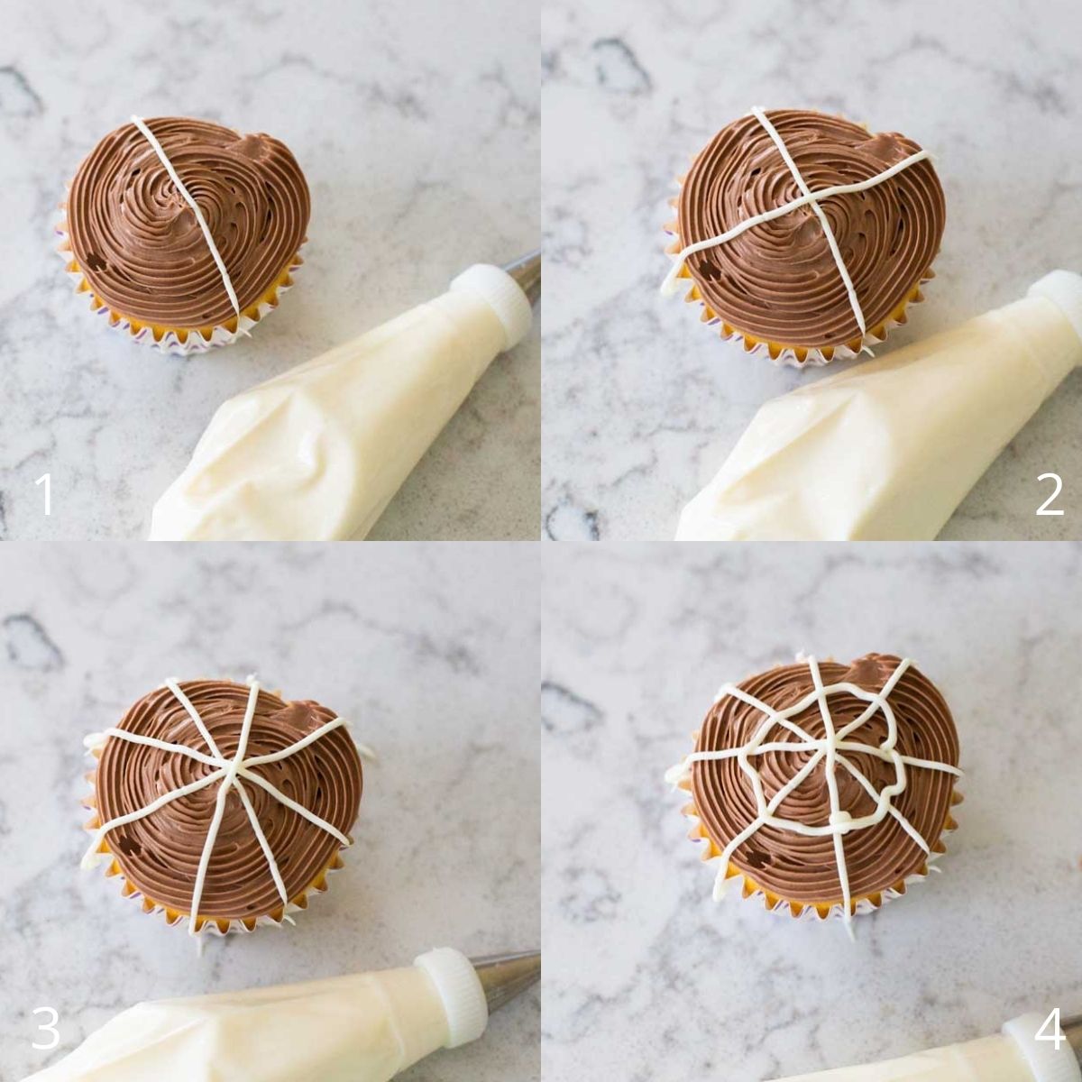 Step by step photos show how to pipe a spider web out of cream cheese frosting onto a chocolate cupcake.