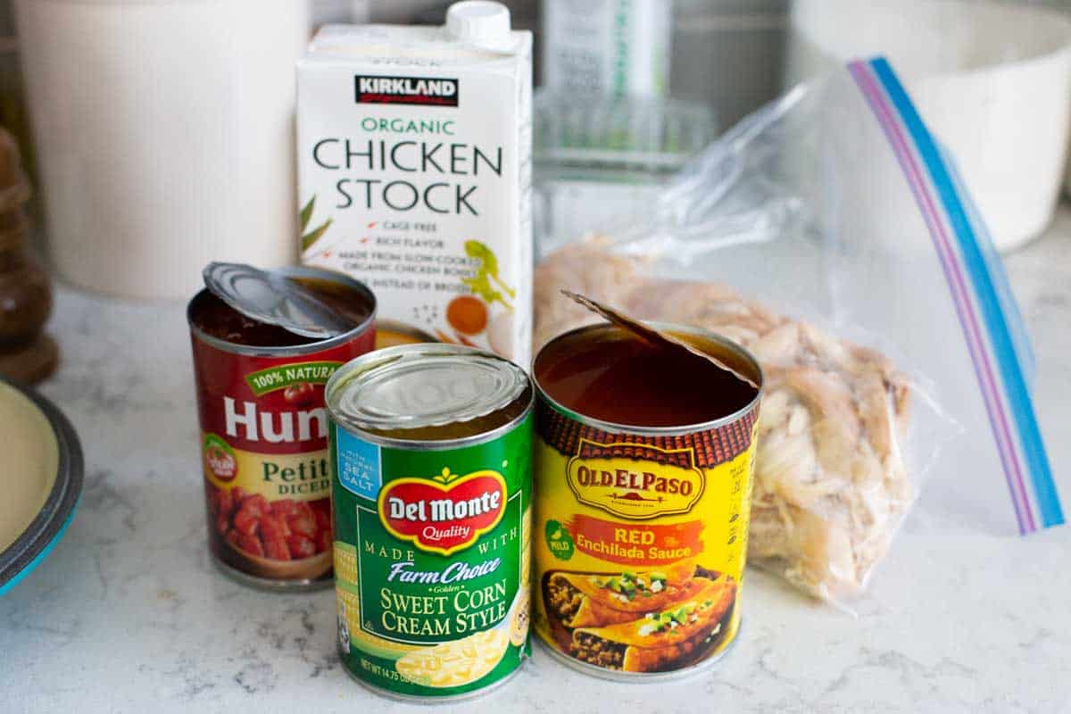 The ingredients for the chicken taco soup are on the counter.