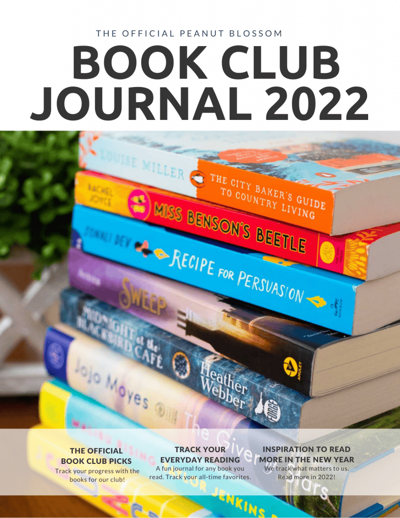 The cover of the Peanut Blossom Book Club Journal features a photo of a stack of books from 2022.