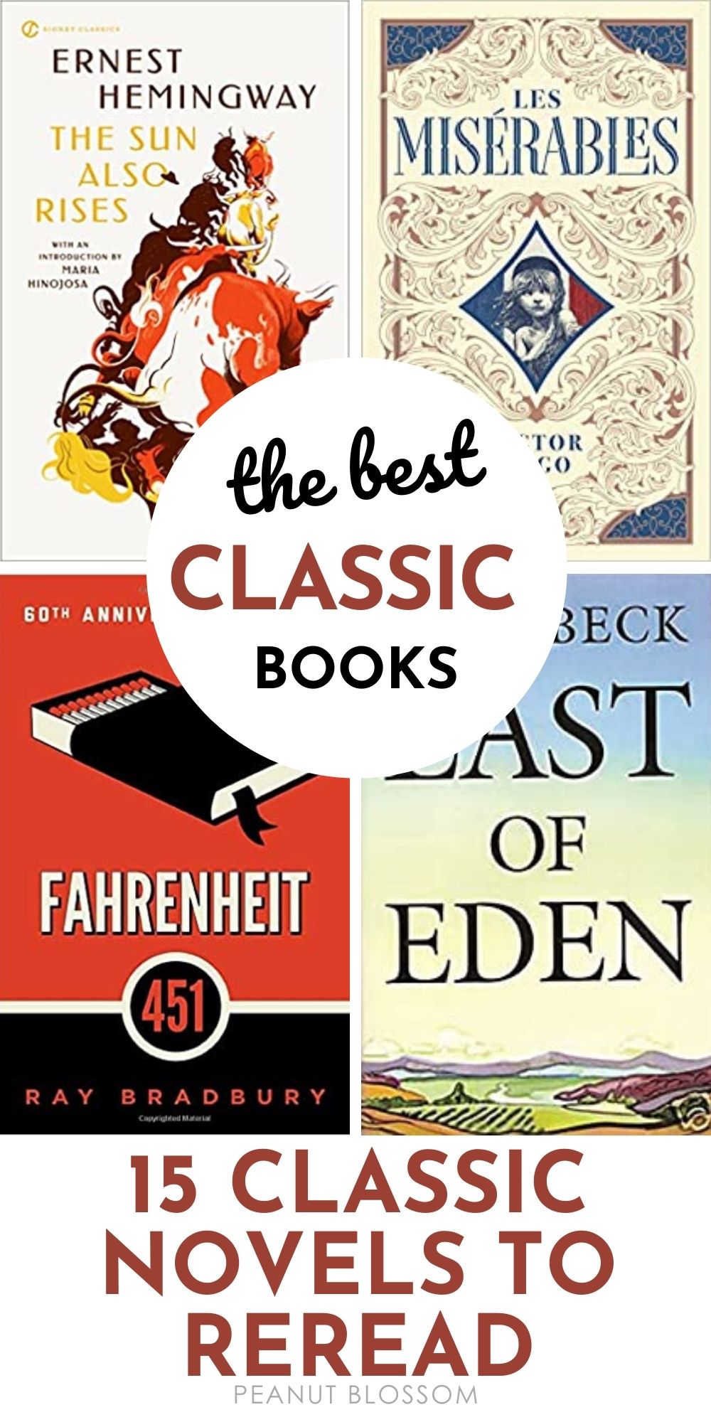 Collage of four books with text the best classic books: 15 classic novels to reread.