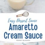 The pitcher of creamy Amaretto sauce next to the ingredients needed to make it.