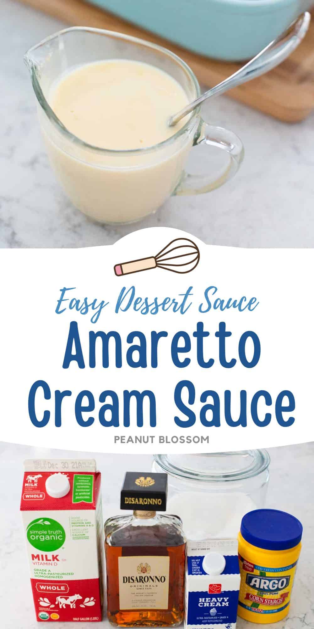 The pitcher of creamy Amaretto sauce next to the ingredients needed to make it.
