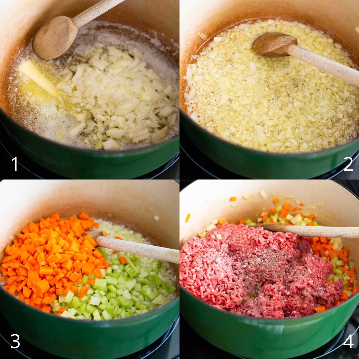 Step by step photo collage shows how to saute the veggies in butter and add the ground beef.