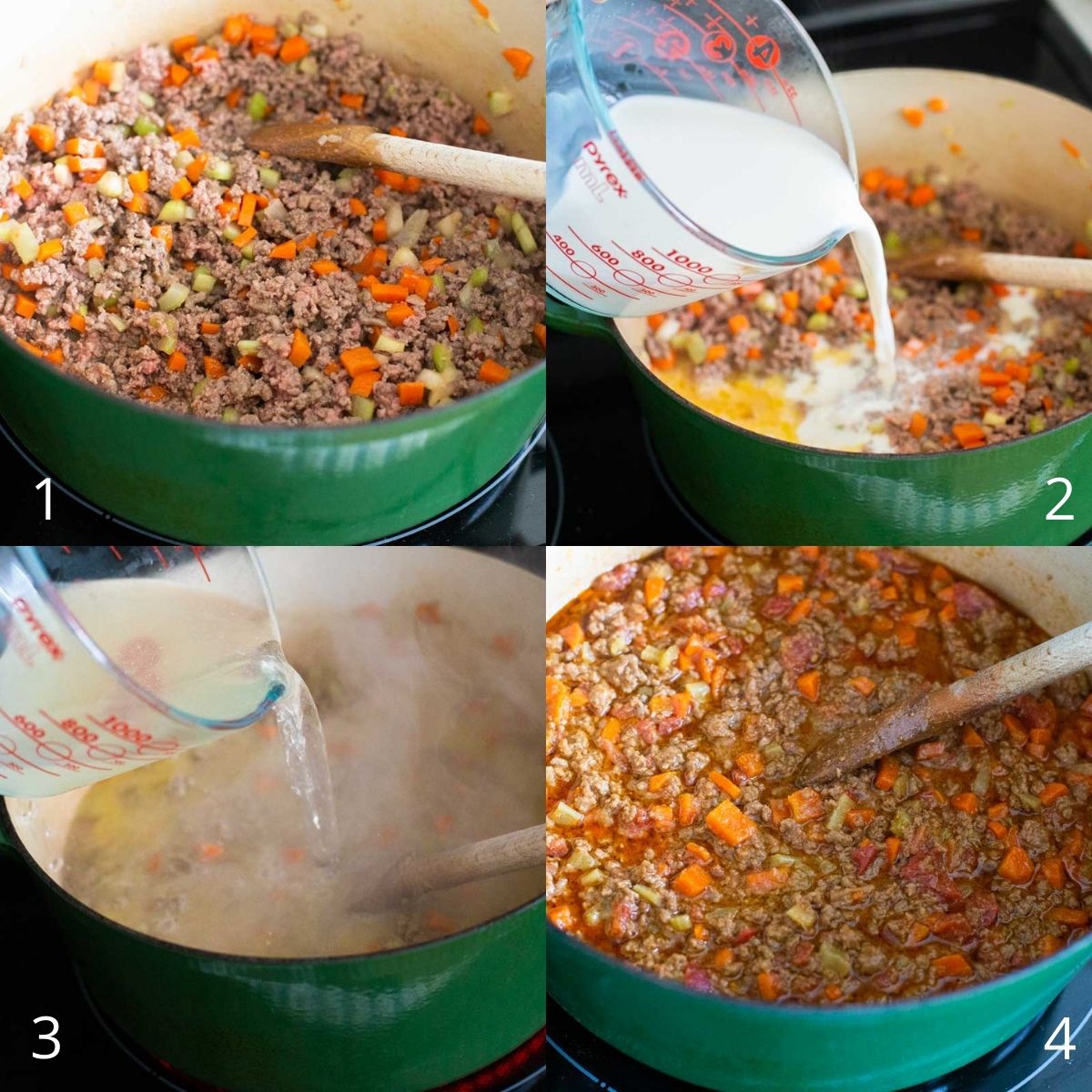 Step by step photo collage shows how to add the milk and then the wine and cook down the liquids.