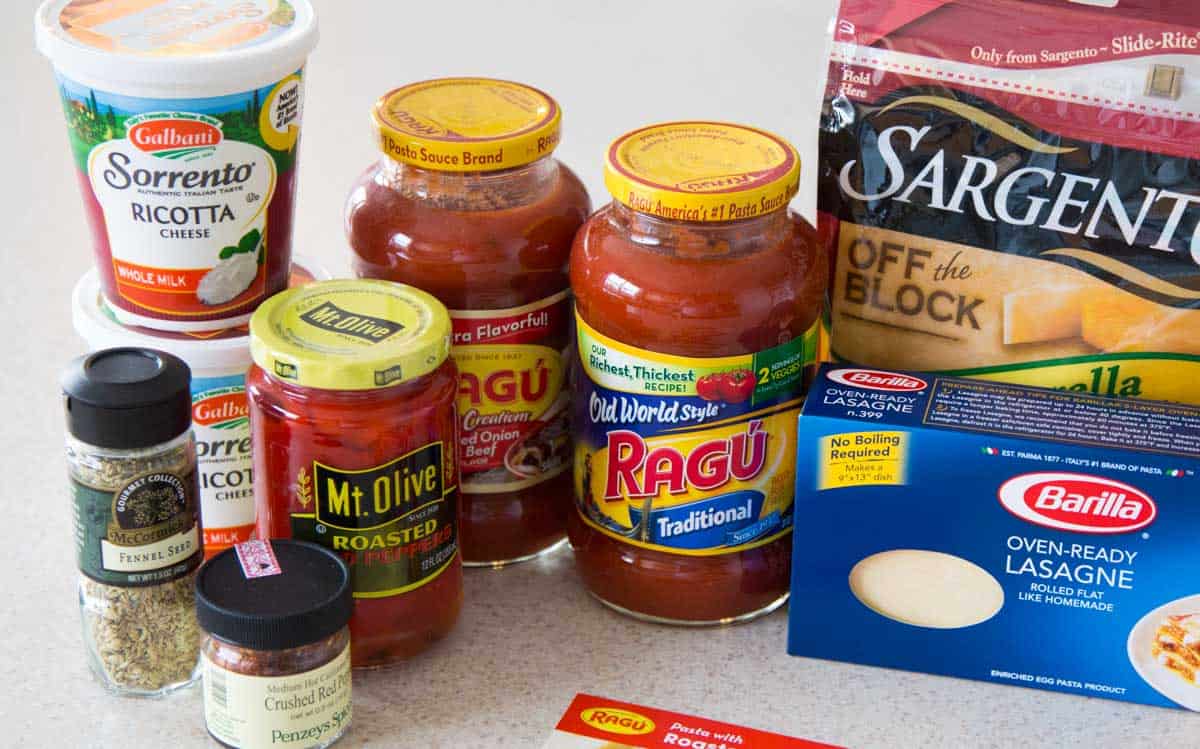 The ingredients to make the sausage lasagna are on the counter.