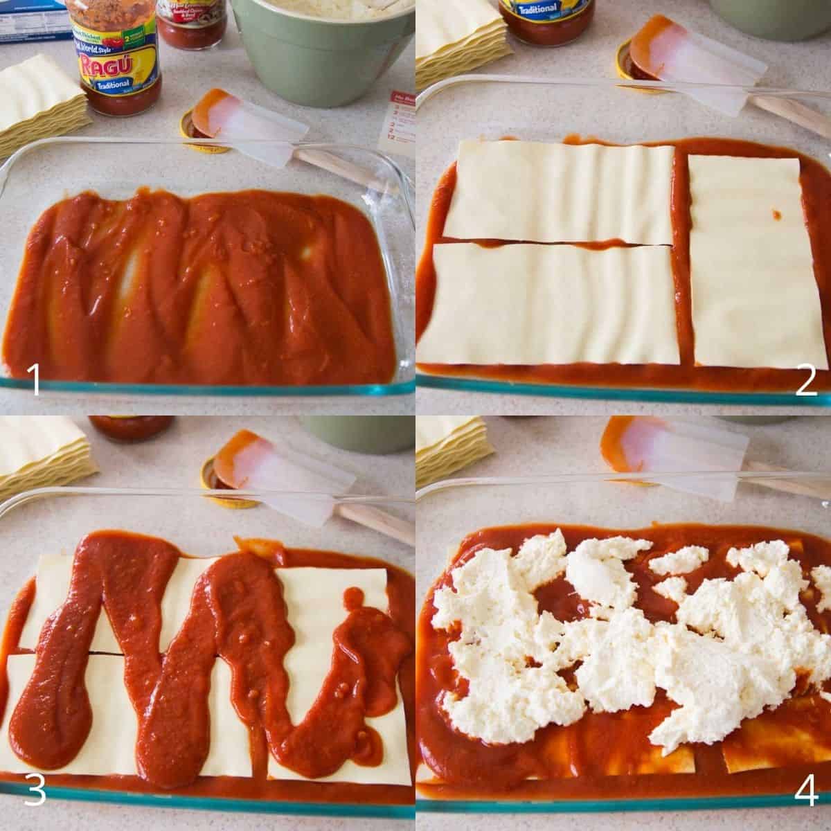 Step by step photo collage shows how to layer the pasta and tomato sauce with the ricotta filling.