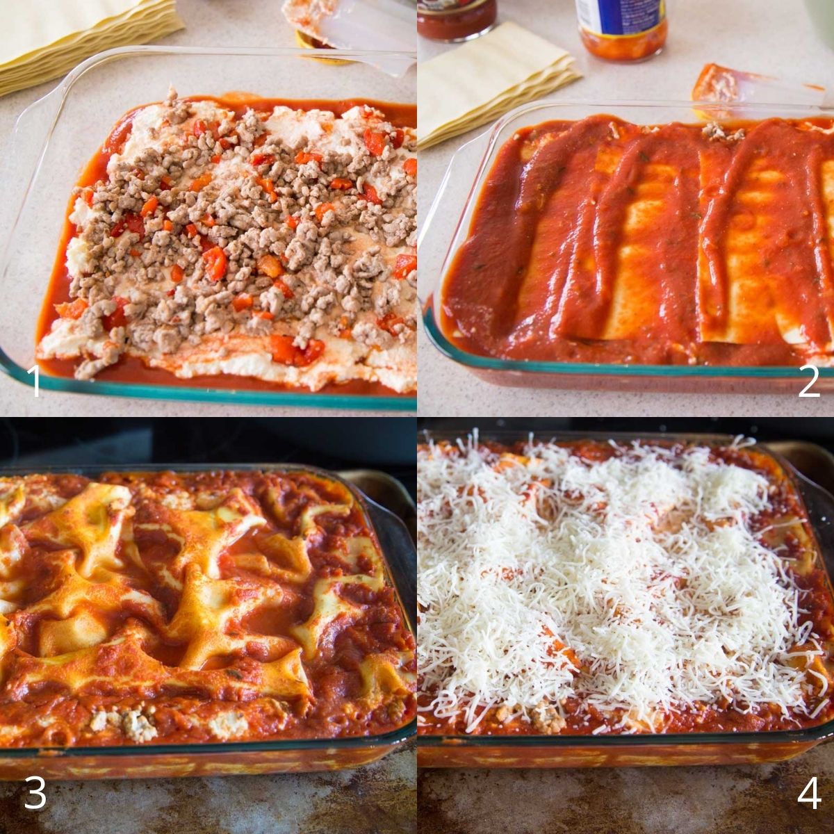 Step by step photo collage shows how to layer the sausage and remaining lasagna fillings and then bake.
