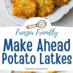 The photo collage shows the platter of latkes with sour cream next to a photo of them on a baking pan.