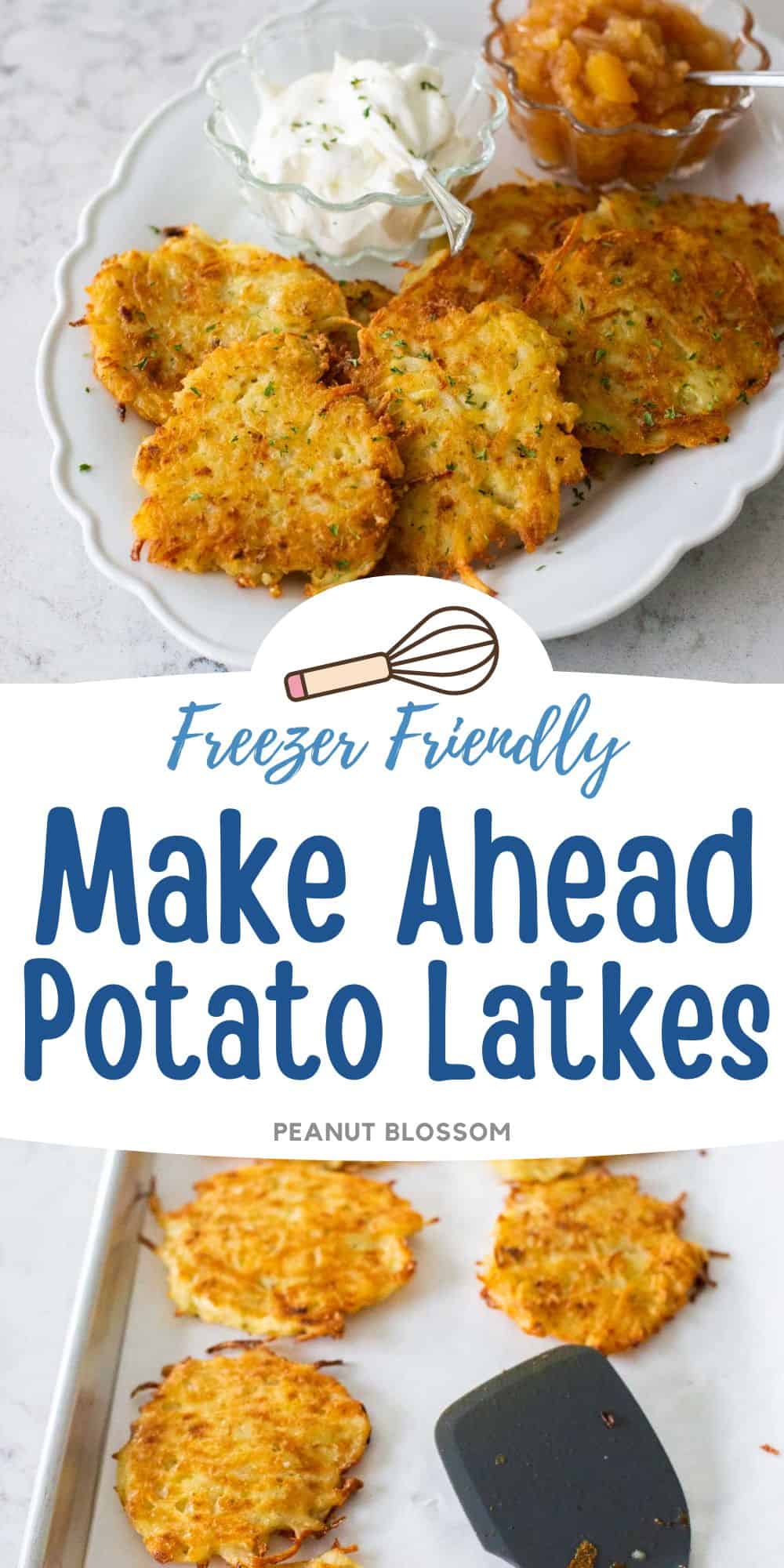 The photo collage shows the platter of latkes with sour cream next to a photo of them on a baking pan.