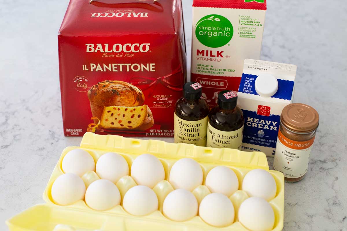 The Ingredients for Panettone Bread Pudding are on the kitchen counter.