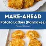 A collage with potato latkes on a platter and also on a baking pan from the oven.