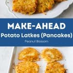 A collage with potato latkes on a platter and also on a baking pan from the oven.