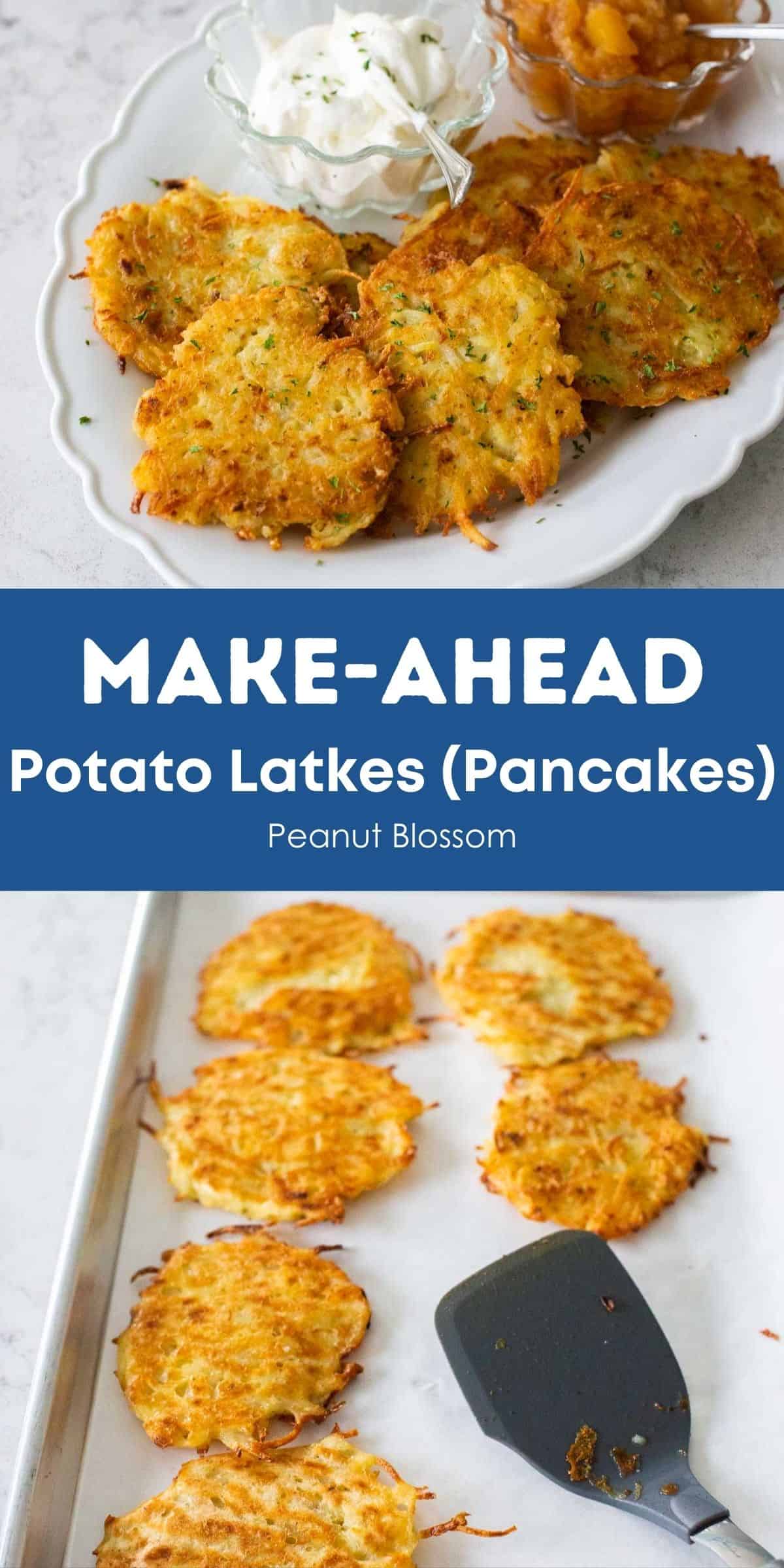 A collage with potato latkes on a platter and also on a baking pan from the oven.