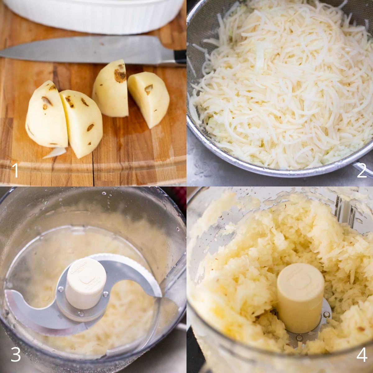 Step by step photos show how to cut and shred the fresh potatoes with a food processor for the potato latkes.