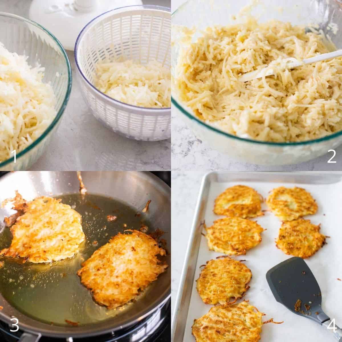 Step by step photos show how to finish the latke batter and fry the potato pancakes in oil.