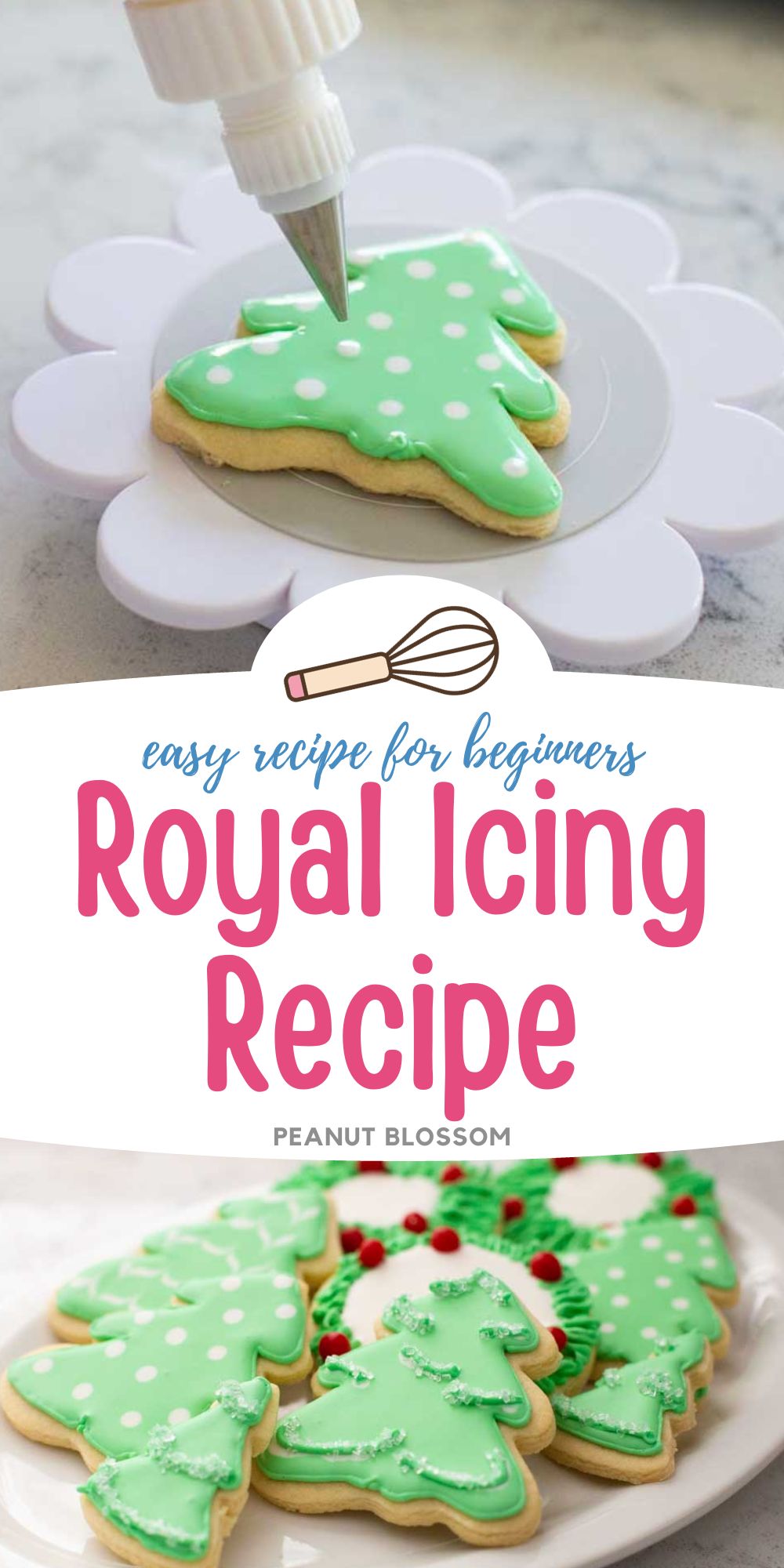 The photo collage shows some christmas cookies being decorated by royal icing.