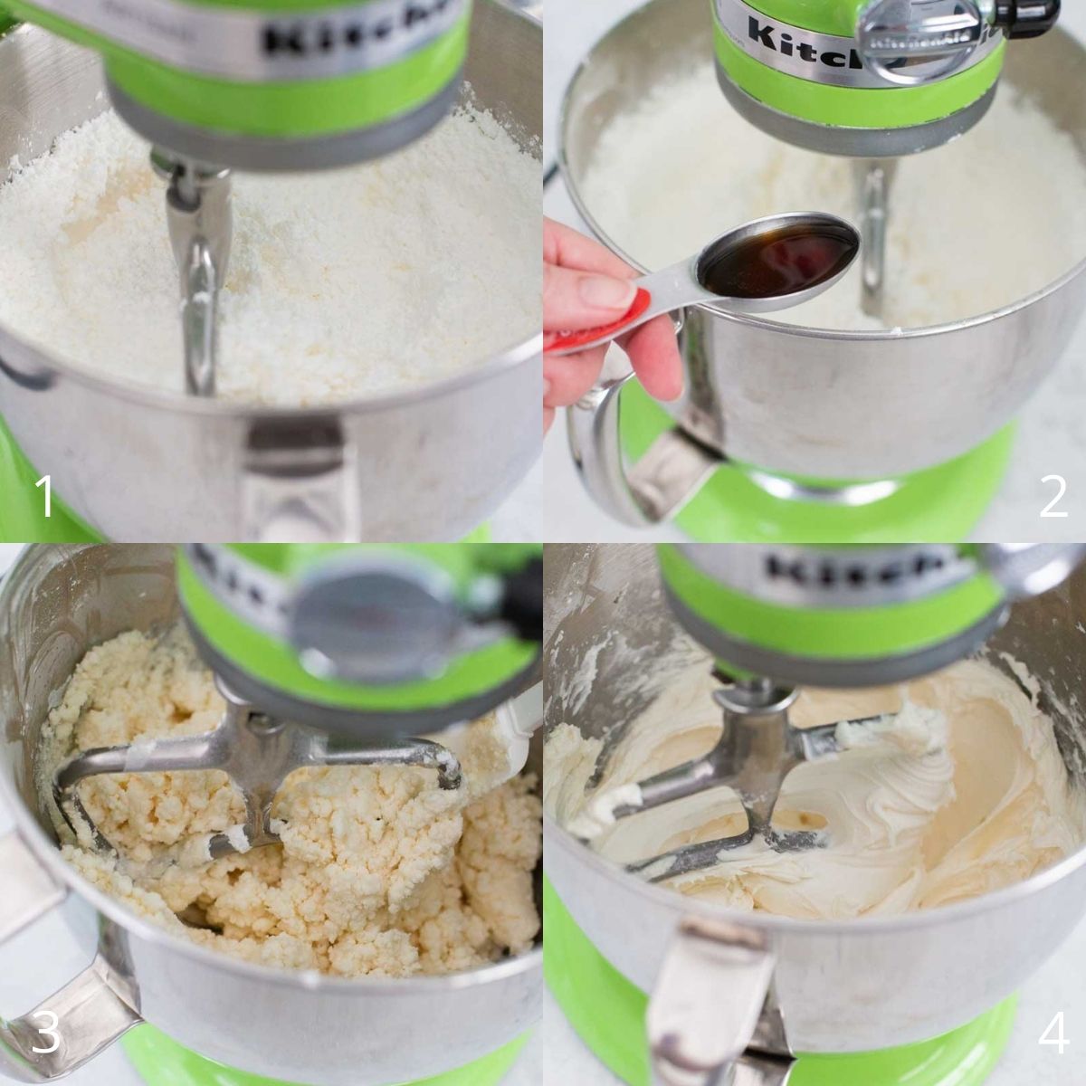 Step by step photo collage shows how to mix the royal icing ingredients in a stand mixer.
