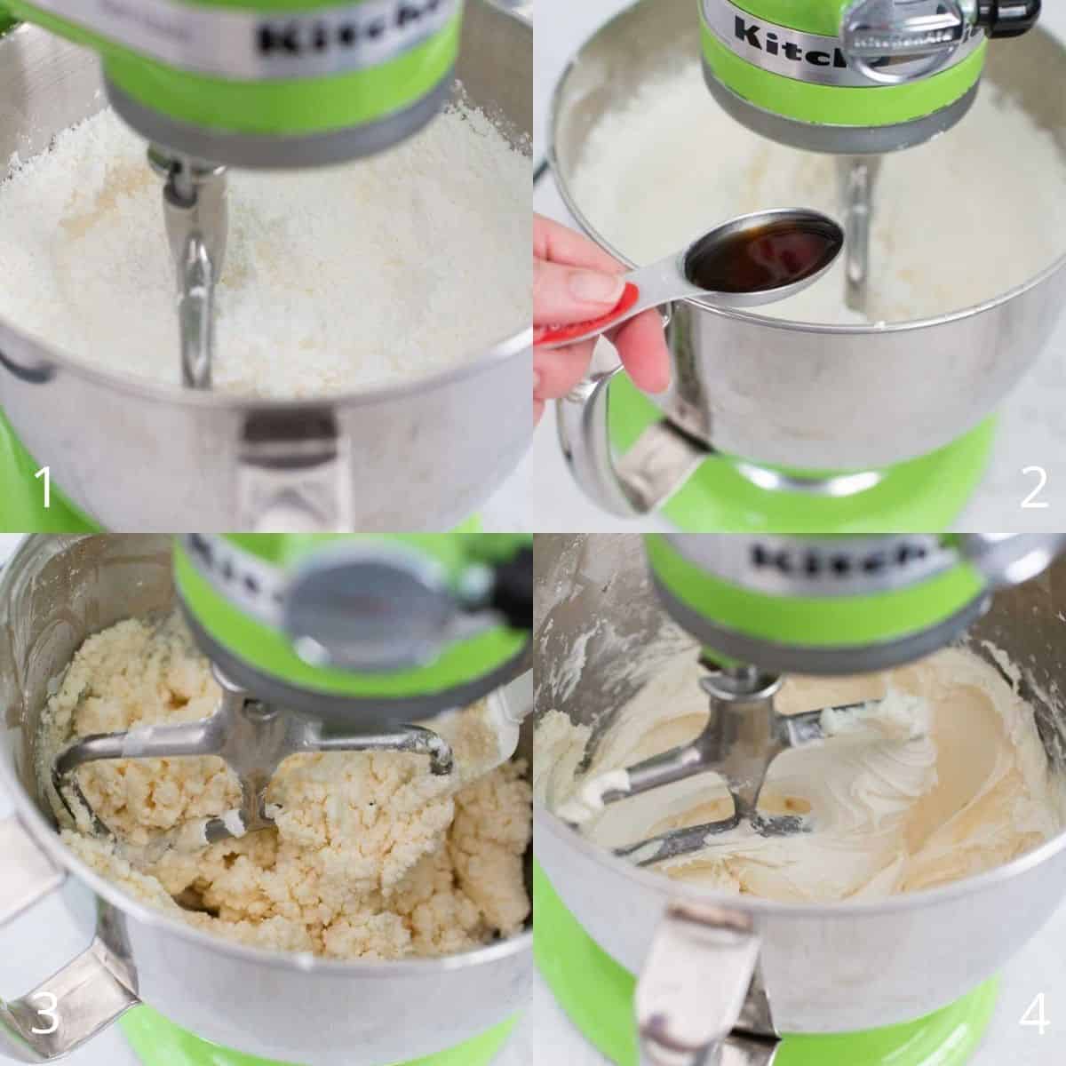 Step by step photo collage shows how to mix the royal icing ingredients in a stand mixer.