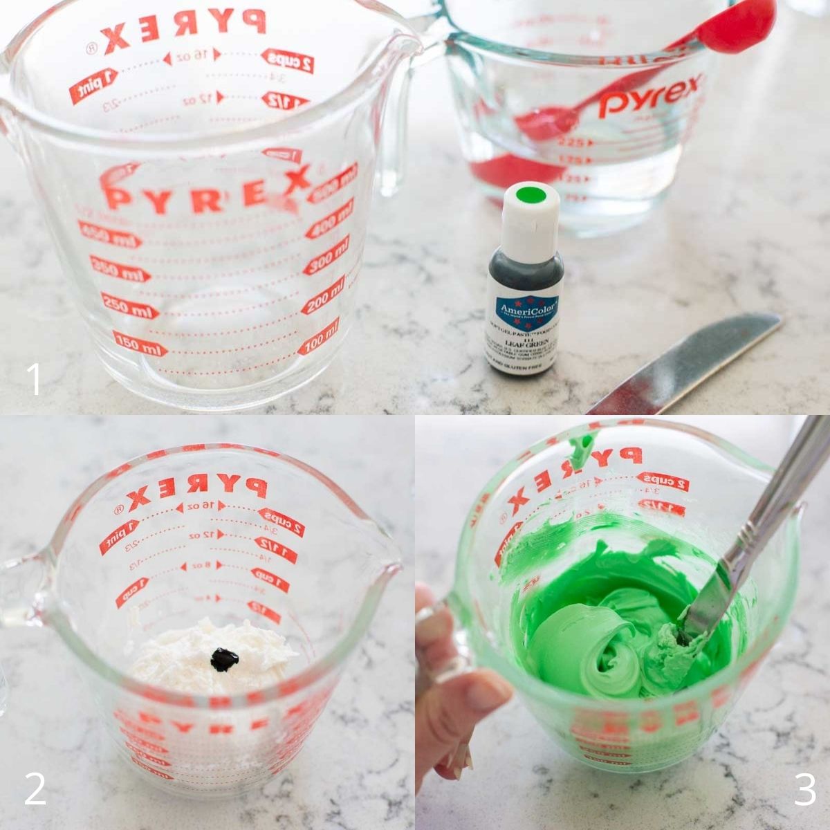 Step by step photo collage shows how to tint royal icing a light green color.