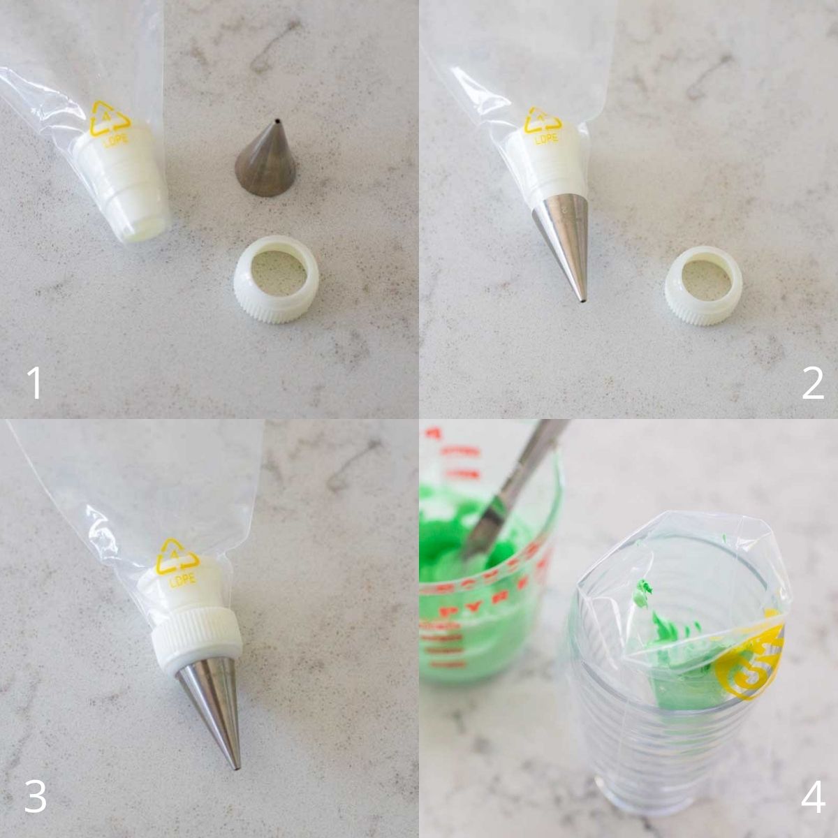 Step by step photo collage shows how to make piping icing and fill a piping bag.