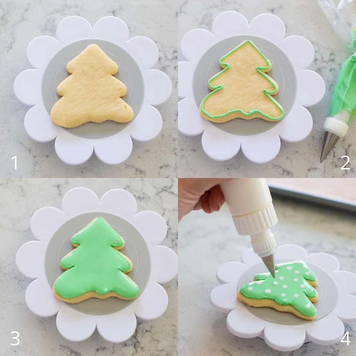 Step by step photo collage shows the basic steps to decorating sugar cookies with royal icing.