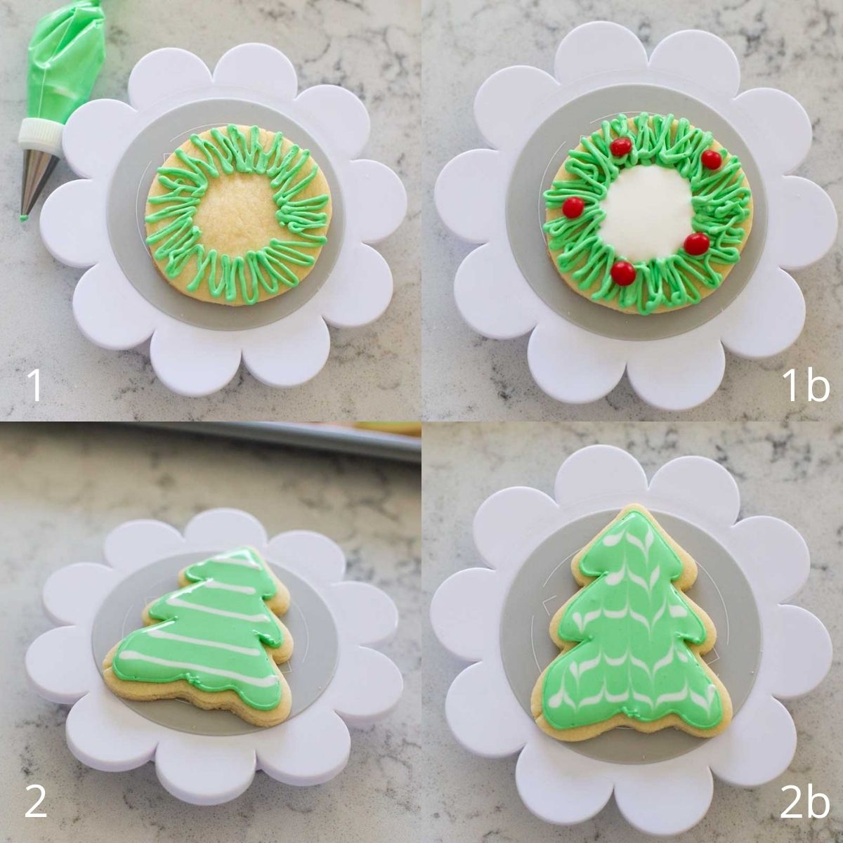 A step by step photo collage shows two more easy variations for decorating sugar cookies with royal icing.
